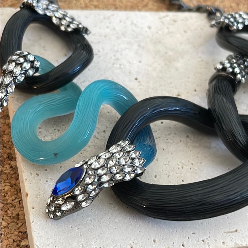 Alexis Bittar Snake Link Necklace Black Lucite Blue Crystal Statement Collar - Picture 7 of 10